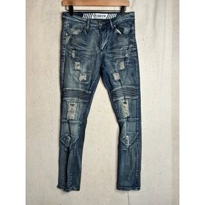 RGSTR Mens Distressed Moto Biker Jeans Blue Denim Ribbed Knee Slim Fit Size 30